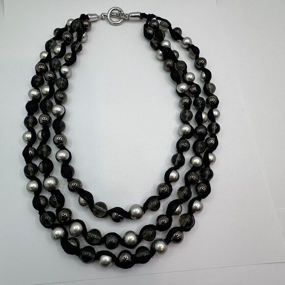 Multi Strand Statement Ribbon Necklace with Silver Black Clear Glass Beads 22" - Picture 12 of 14